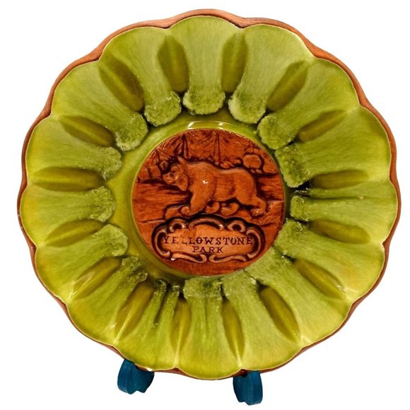 Yellowstone Park Bear Treasure Craft Green Retro Bowl Candy Dish Ashtray Vintage - Picture 1 of 12